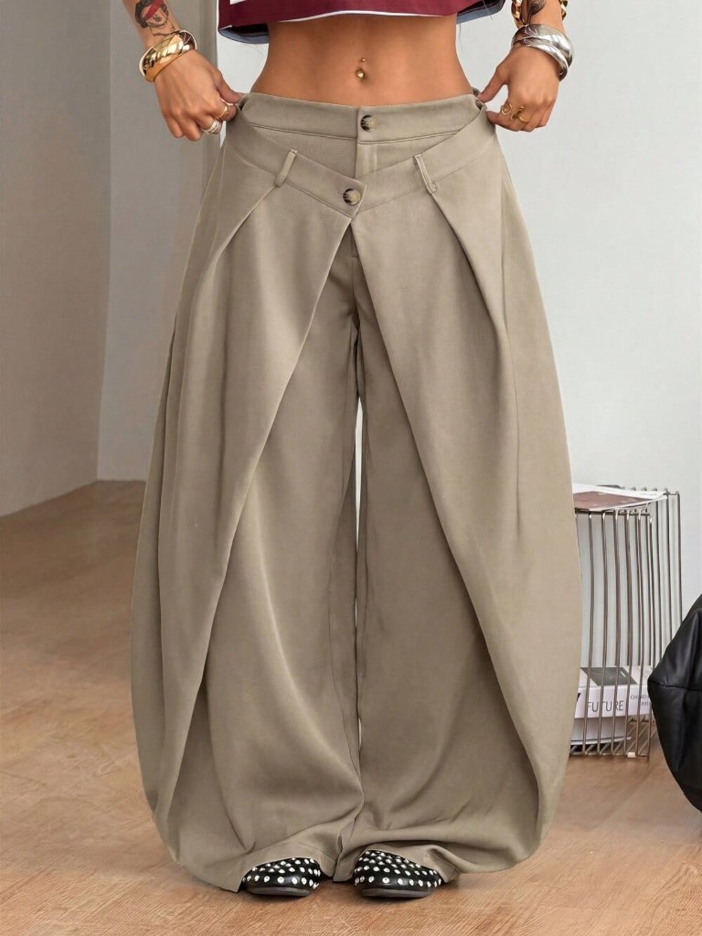Khaki Casual Women's Woven Asymmetrical Wide Leg Pants - Picture 7 of 7